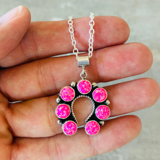 New Navajo Martin Perry Sterling Silver & Pink Lab Opal Naja Pendant
