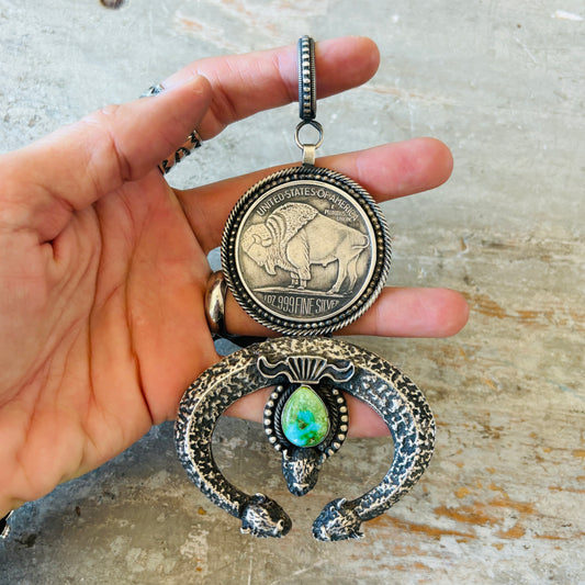 Navajo Hemerson Brown Sterling Silver & Sonoran Turquoise Buffalo Pendant