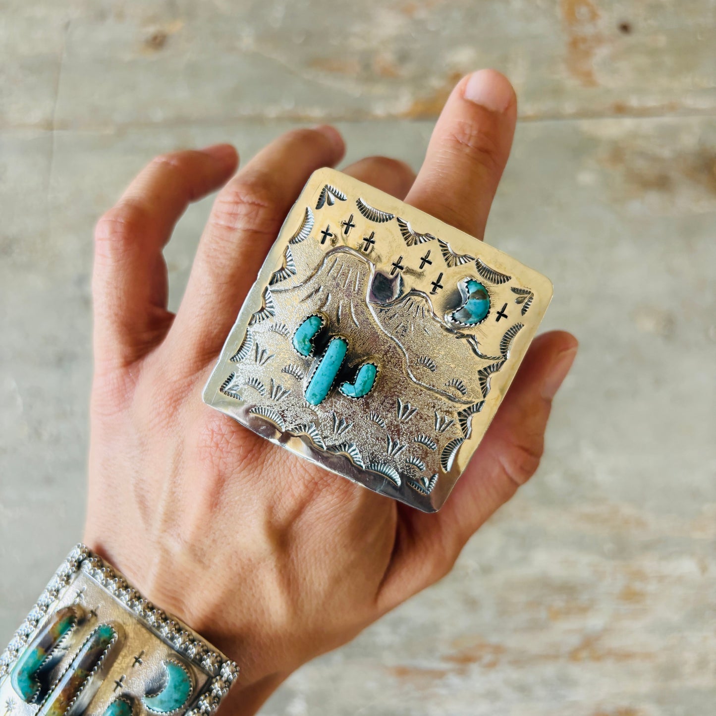 Navajo Hemerson Brown Sterling Silver & Kingman Turquoise Cactus Ring