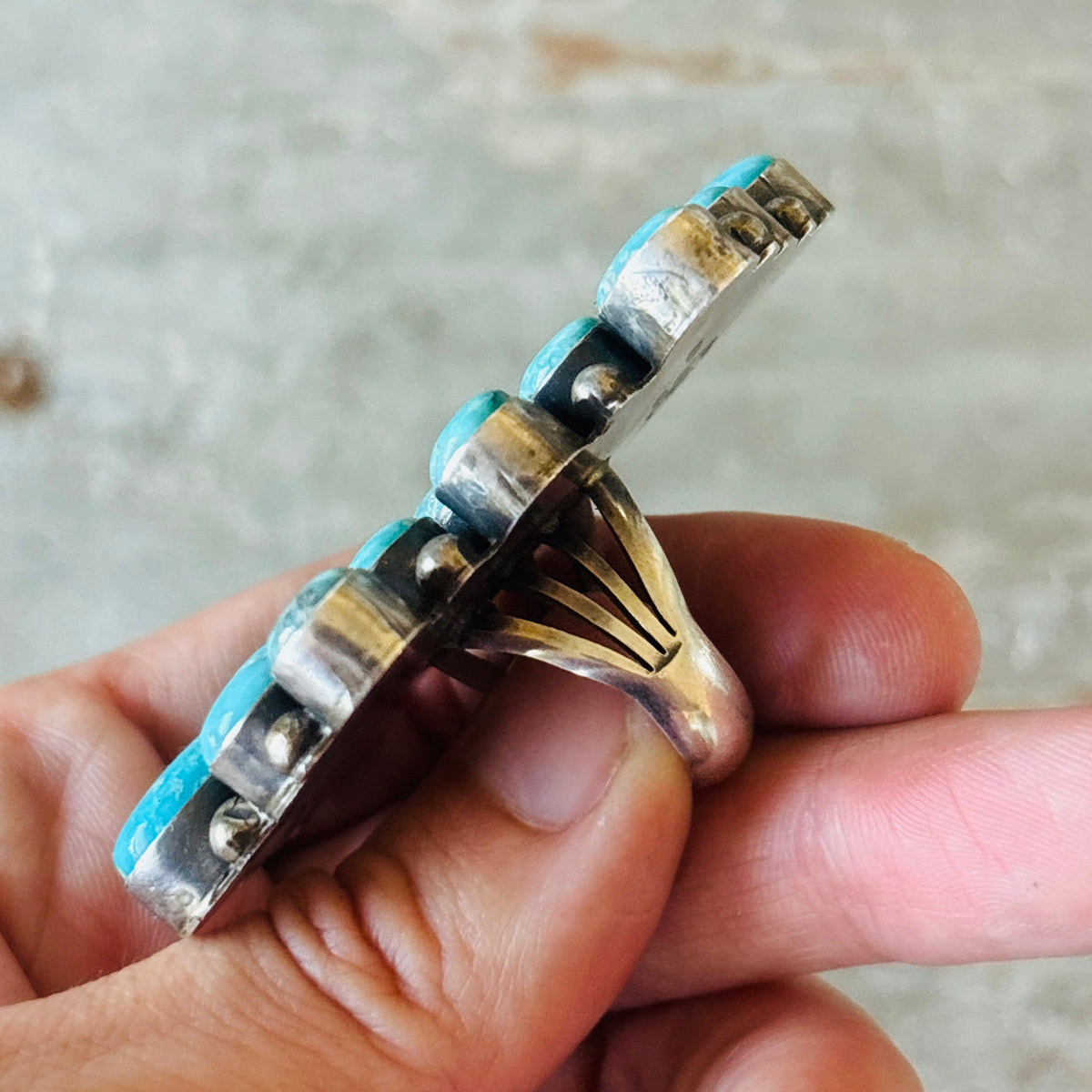 Navajo Paul Livingston Sterling Silver & Campitos Turquoise Cluster Statement Ring