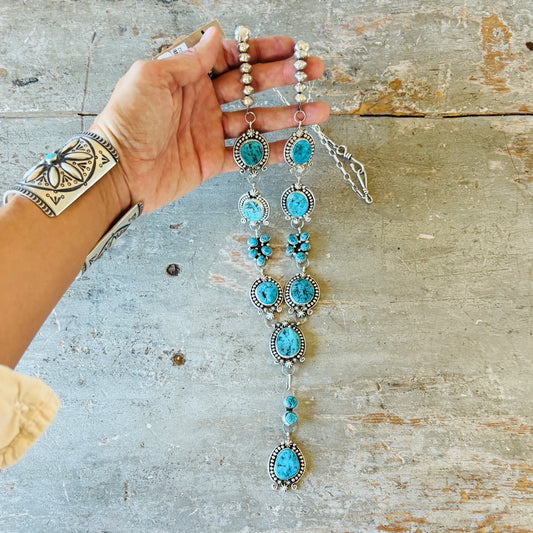 Navajo Signed Sterling Silver & Kingman Turquoise Lariat