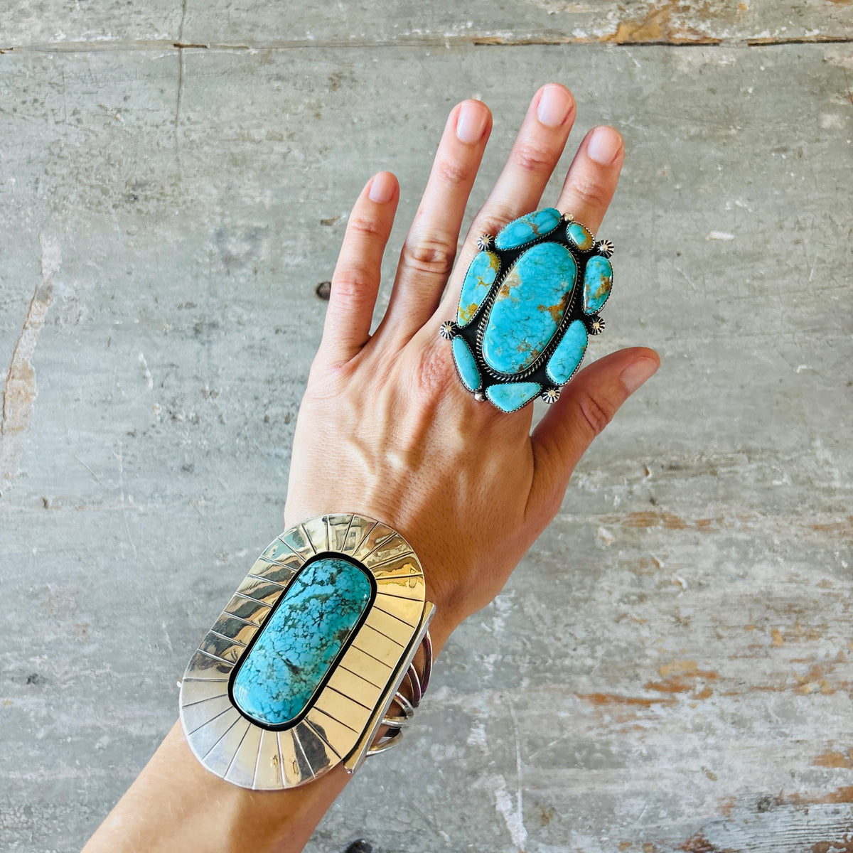 Navajo Hemerson Brown Sterling Silver & Kingman Turquoise Cluster Statement Ring