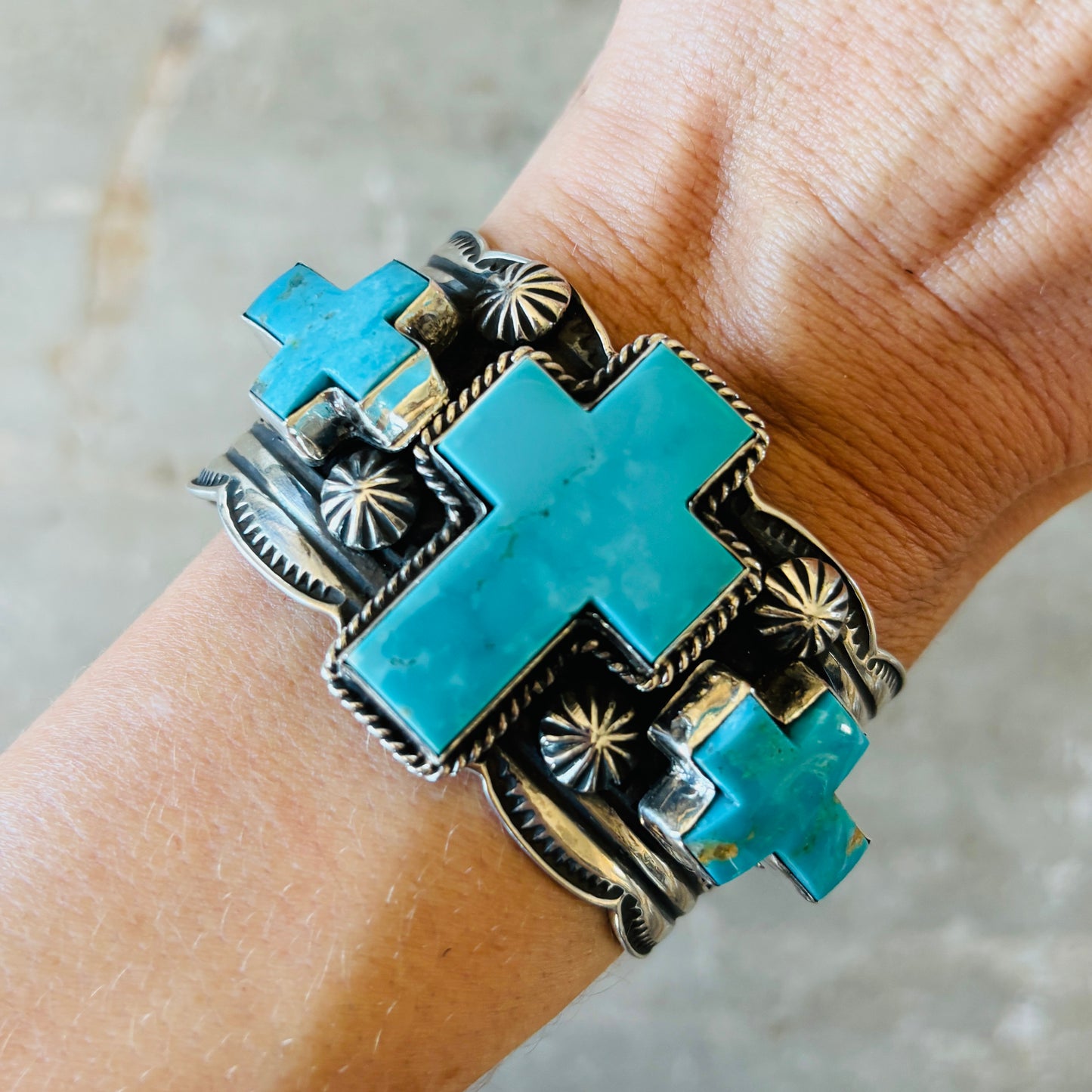 Navajo Andy Cadman Sterling Silver & Kingman Turquoise Crosses Cuff