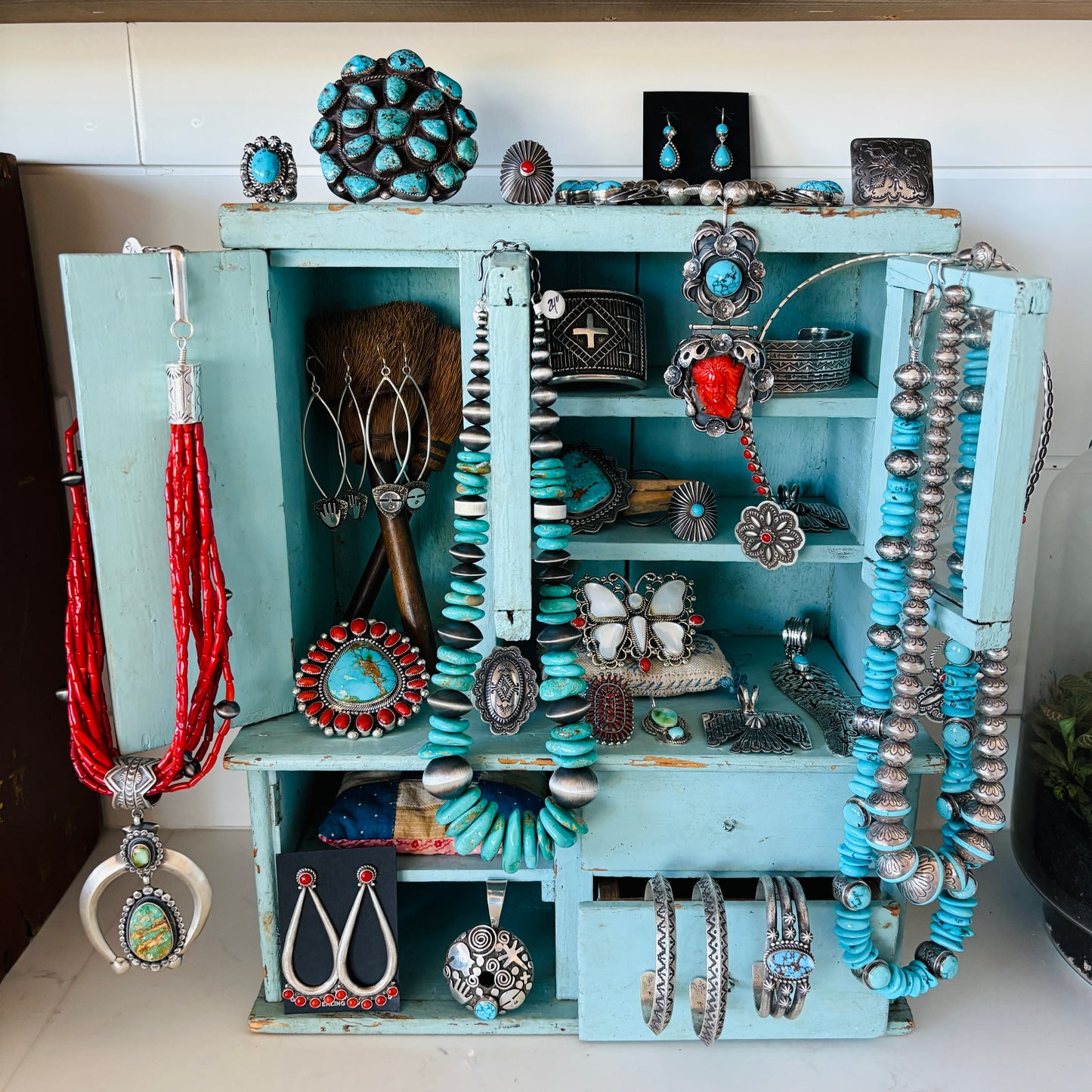 Navajo Allison Lee Sterling Silver & Kingman Turquoise Handmade Pearls Statement Necklace