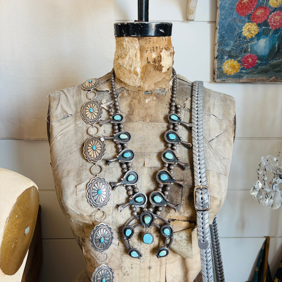 Vintage 1960s Navajo Signed Sterling Silver & Royston Turquoise Squash Blossom Necklace