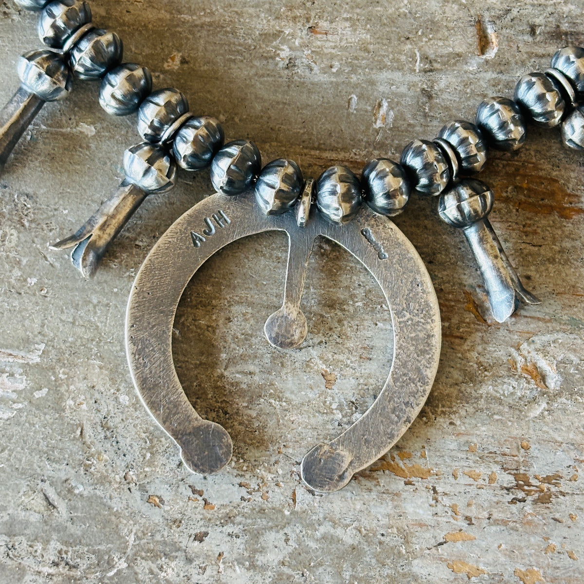Navajo Austin Haley Sterling Silver 8mm Fluted Handmade Pearls Squash Blossom Necklace