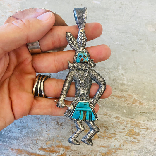 Navajo Lester James Sterling Silver Multi Stone Tufa Cast Kachina Pendant