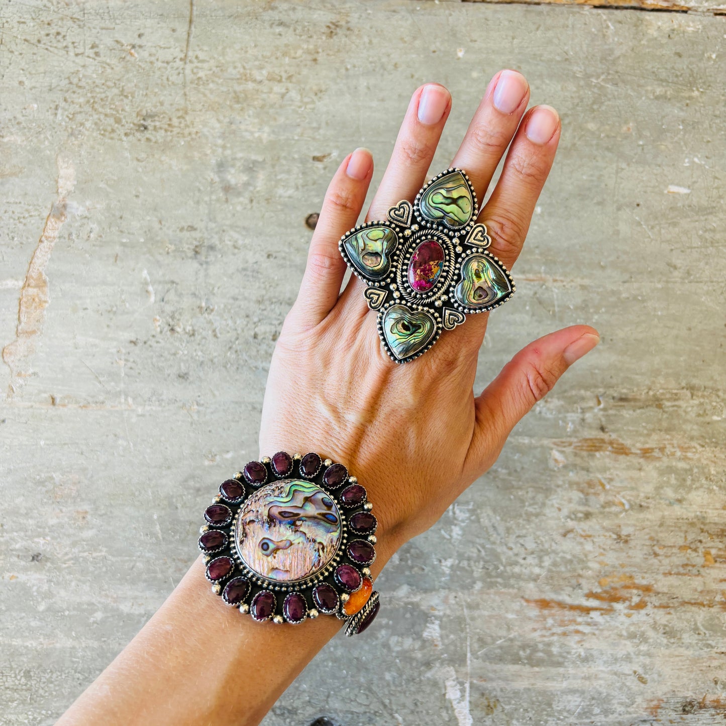 Navajo Hemerson Brown Sterling Silver - Abalone - Purple & Orange Spiny Cluster Cuff