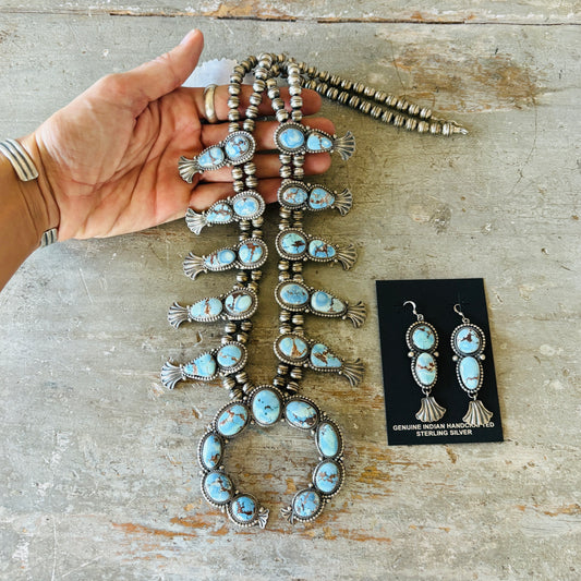 Navajo Justine Tso Sterling Silver & Golden Hills Turquoise Squash Blossom Necklace Set