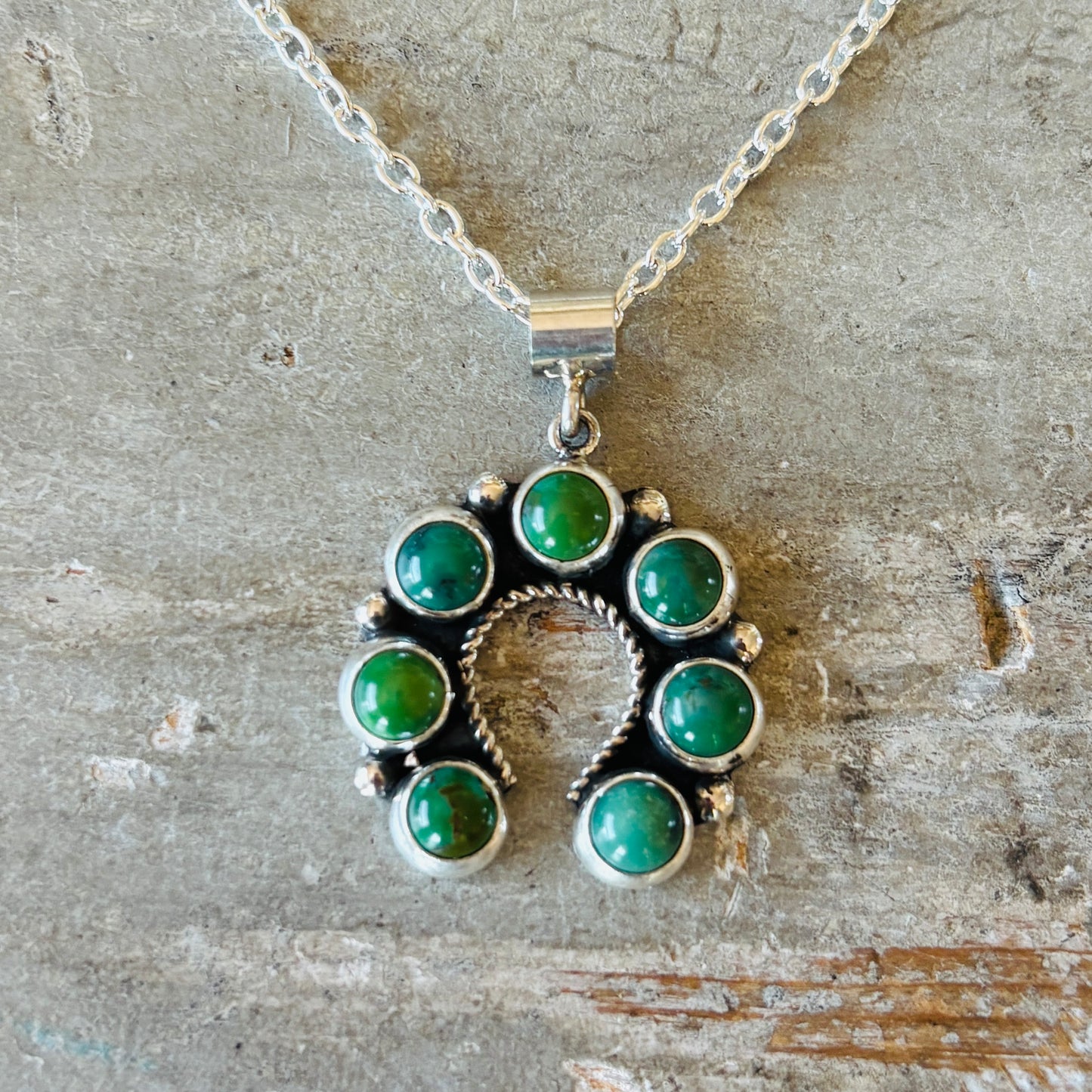New Navajo Martin Perry Sterling Silver & Green Turquoise Naja Pendant