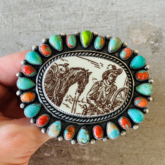 Navajo Kindale Billah Sterling Silver - Ceramic - Mojave & Kingman Turquoise Cowboy Ring
