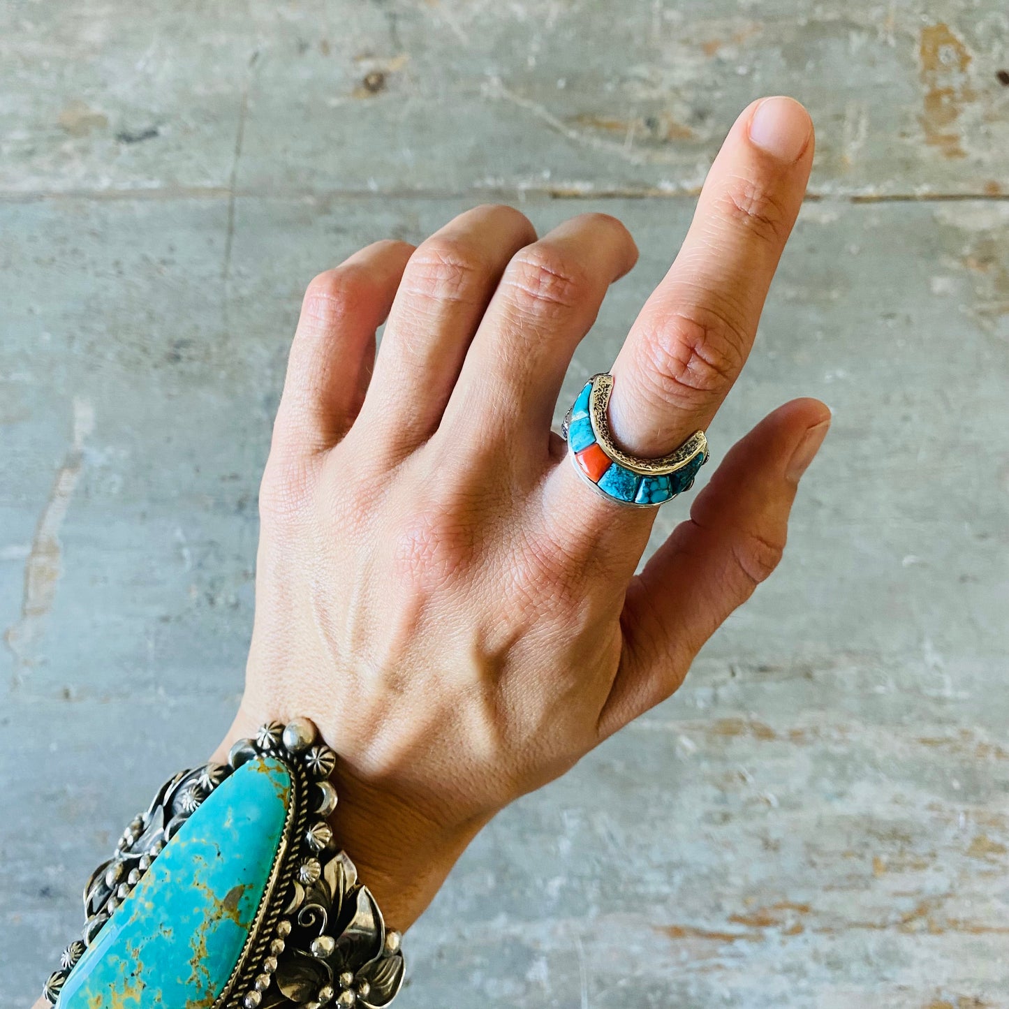 Navajo Lester James Sterling Silver - Red Coral & Turquoise Moon - Yei Tufa Cast Ring