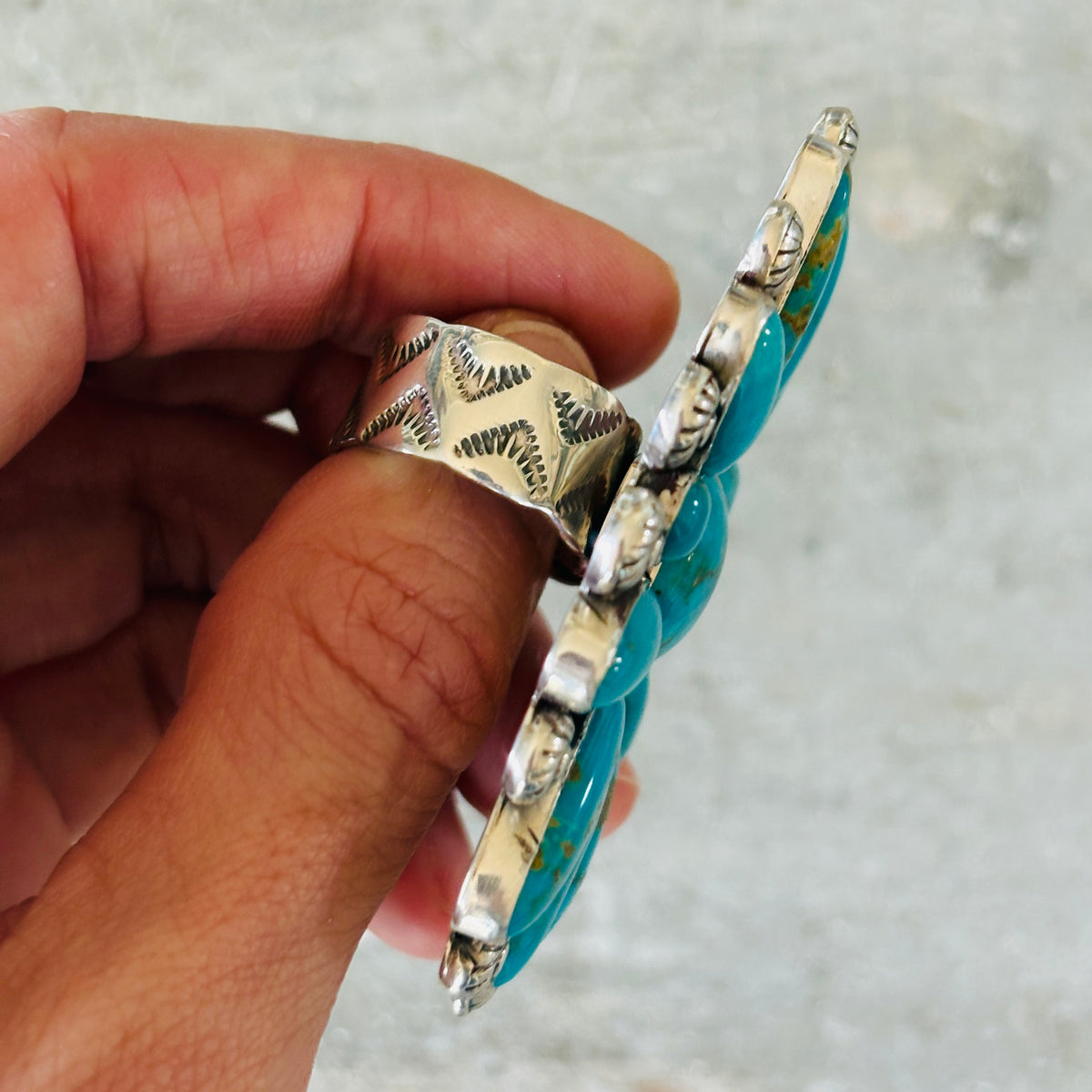 Navajo Tyler Brown Sterling Silver & Kingman Turquoise Cluster Ring
