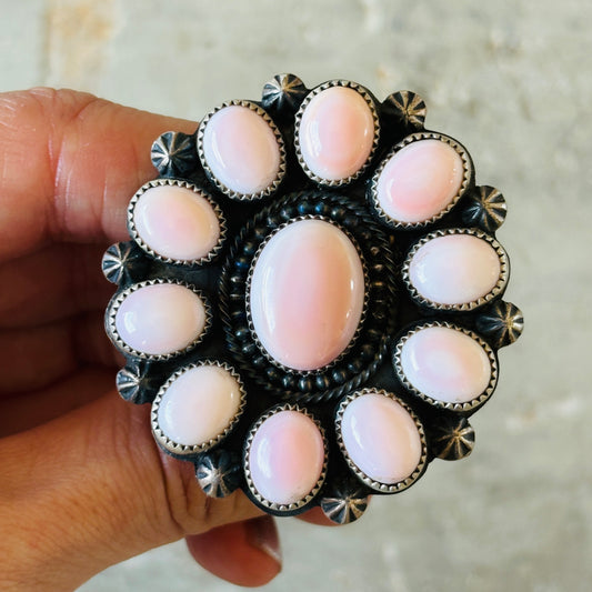 Navajo Dustin Francisco Sterling Silver & Pink Conch Cluster Ring