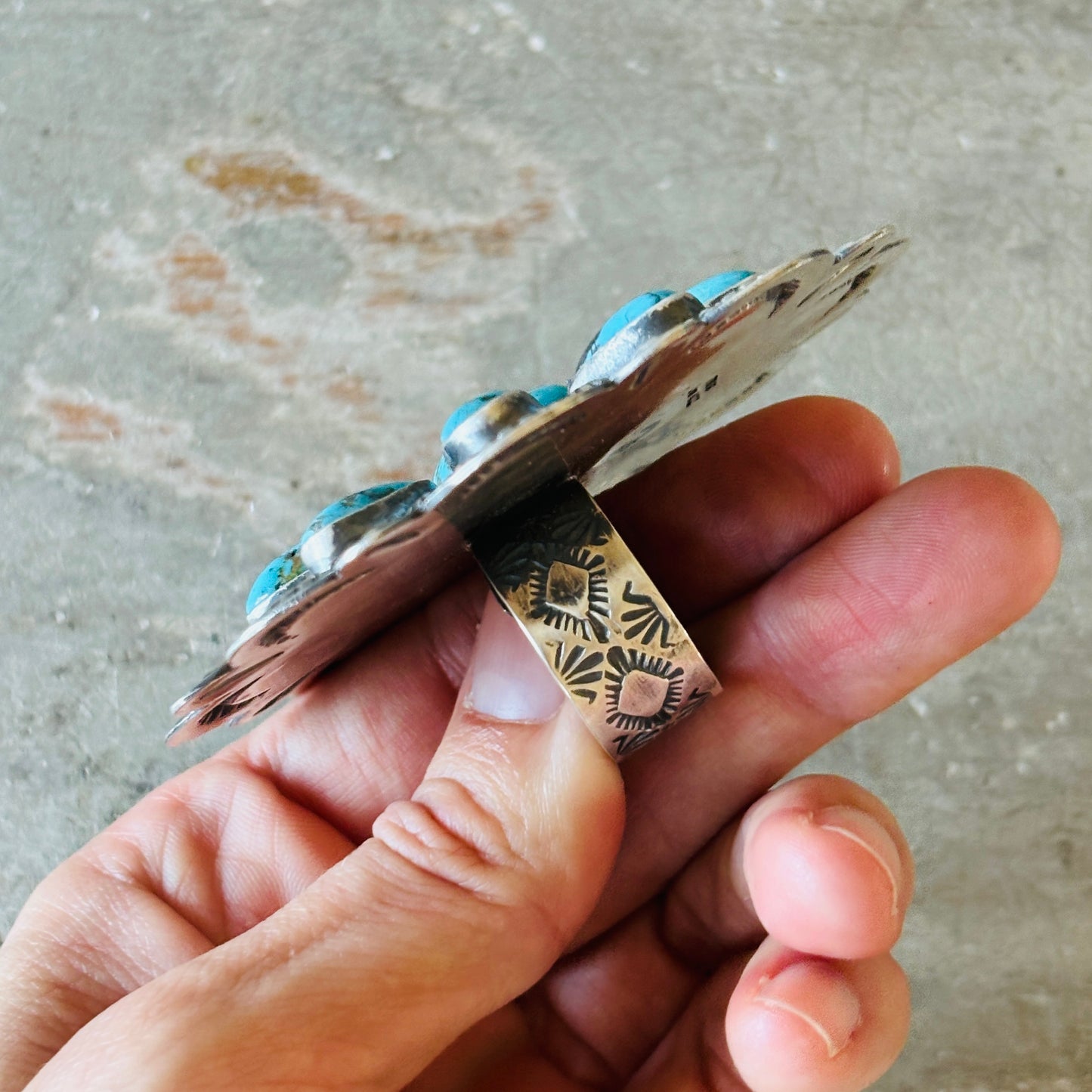 Navajo Leon Martinez Sterling Silver & Kingman Turquoise Cluster Statement Ring