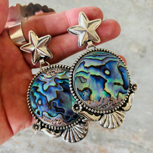 Navajo Hemerson Brown Sterling Silver & Abalone Star Statement Earrings