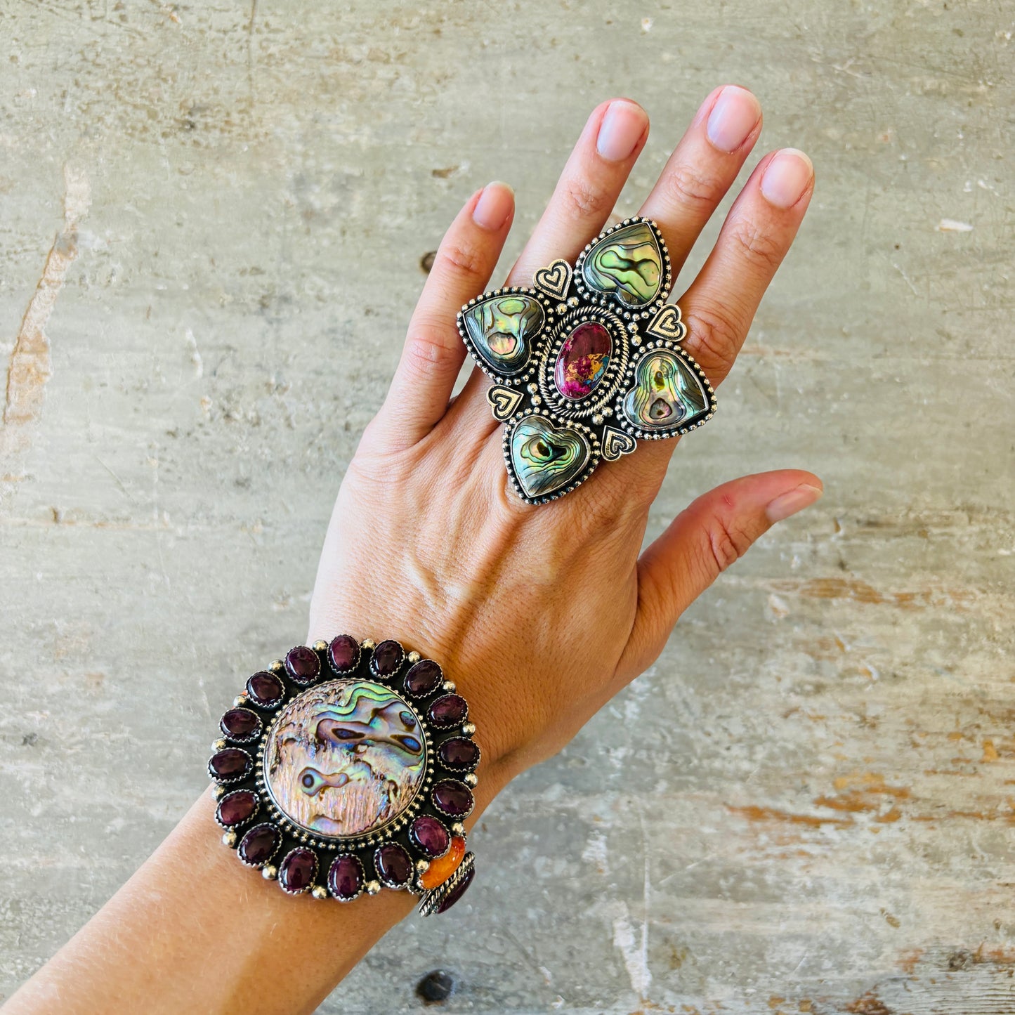 Navajo Hemerson Brown Sterling Silver - Abalone & Purple Dahlia Mojave Hearts Ring