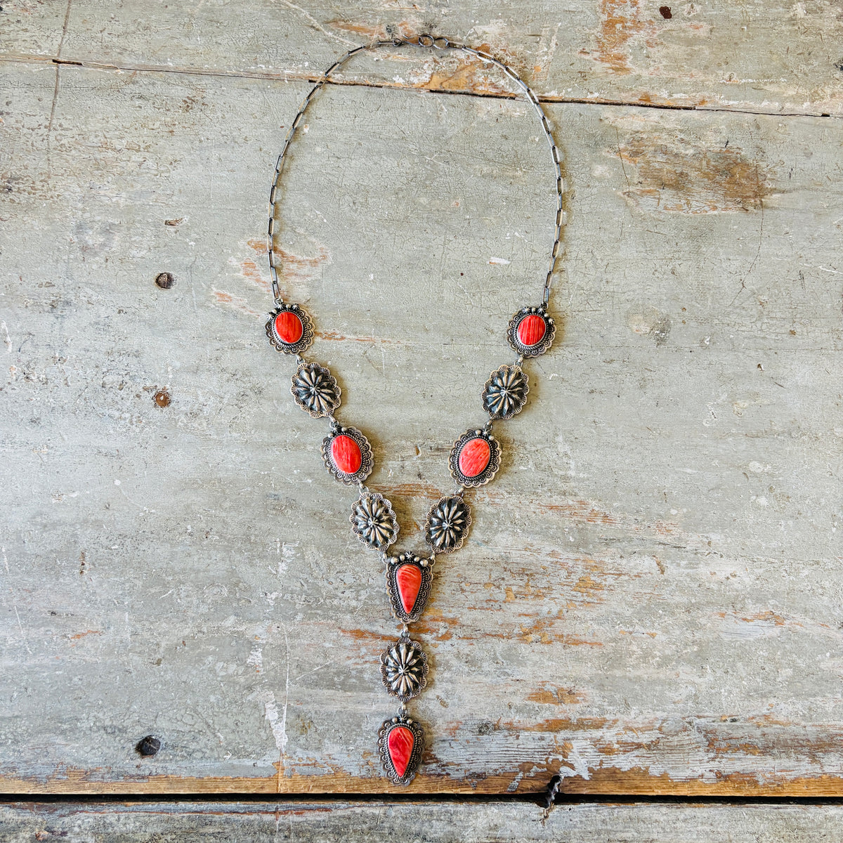 Navajo Leigha Cleveland Sterling Silver & Red Spiny Oyster Statement Lariat Necklace