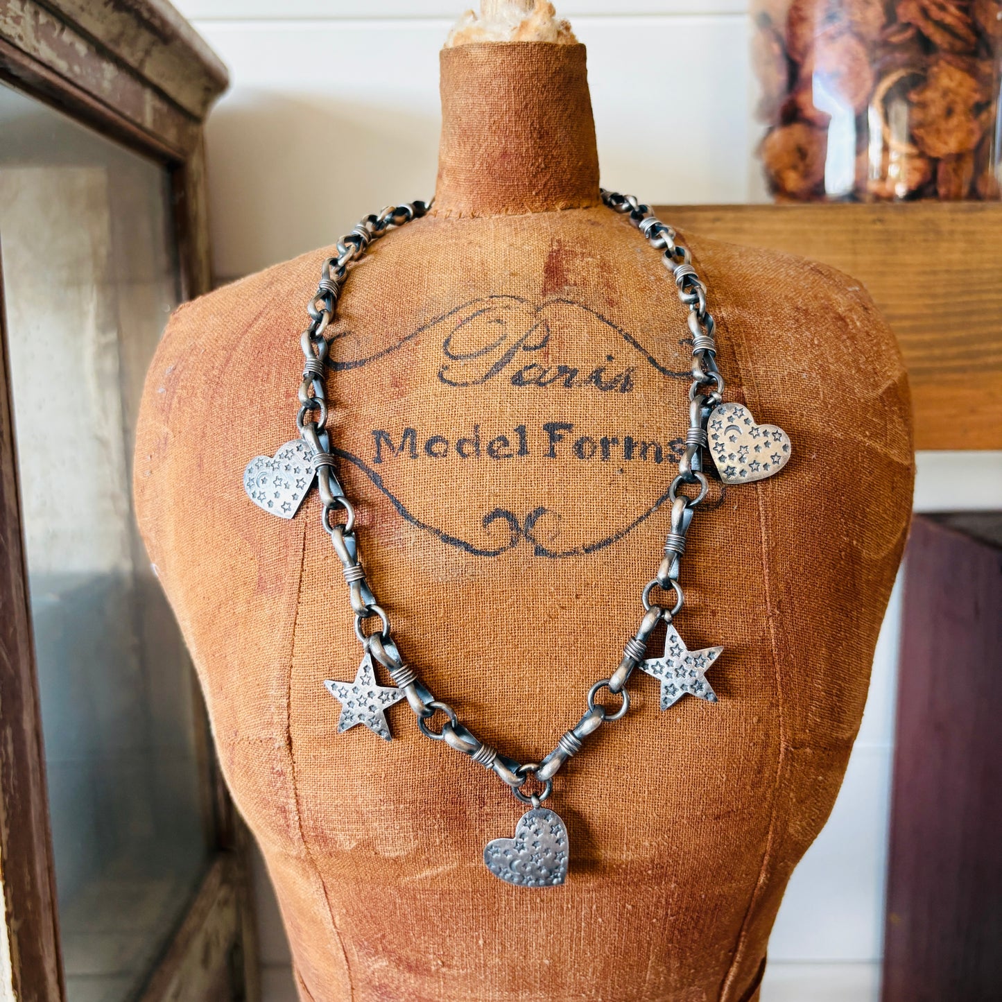 Navajo Andy Cadman Sterling Silver Hearts & Stars Charm Necklace