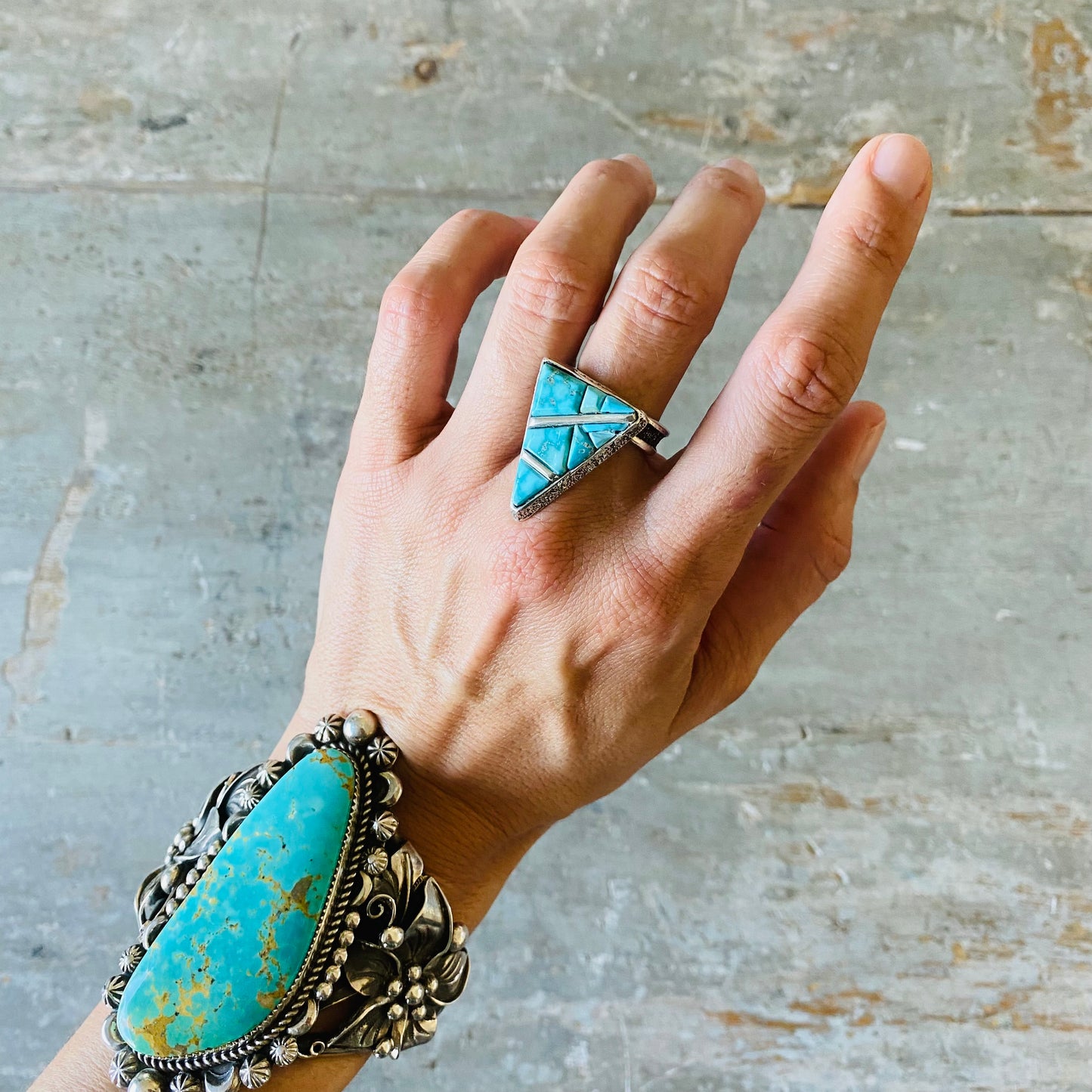 Navajo Lester James Sterling Silver & Kingman Turquoise Triangle Cobblestone Ring