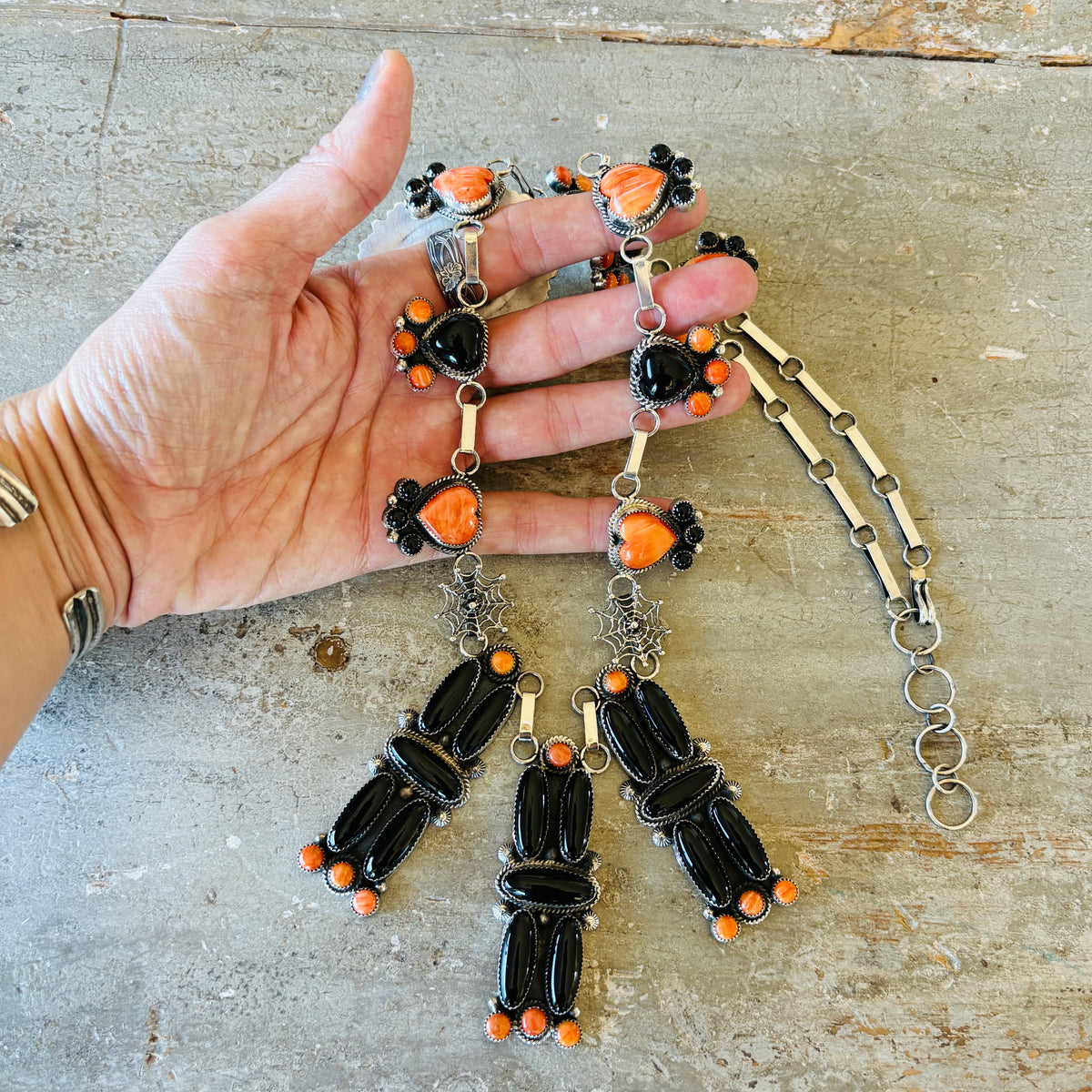Navajo Hemerson Brown Sterling Silver - Black Onyx & Orange Spiny Oyster Spiderweb Statement Necklace