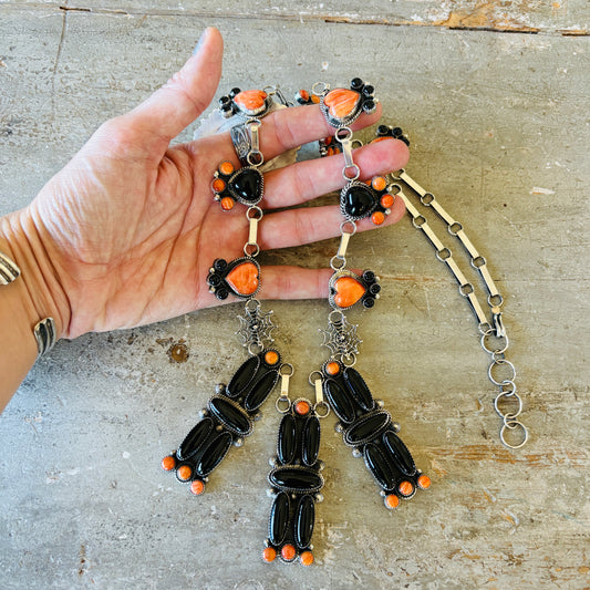 Navajo Hemerson Brown Sterling Silver - Black Onyx & Orange Spiny Oyster Spiderweb Statement Necklace