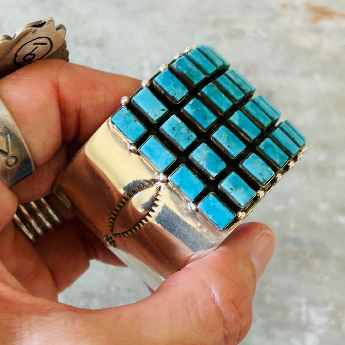 Navajo Violet Nez Sterling Silver & Kingman Turquoise Four Row Statement Cuff