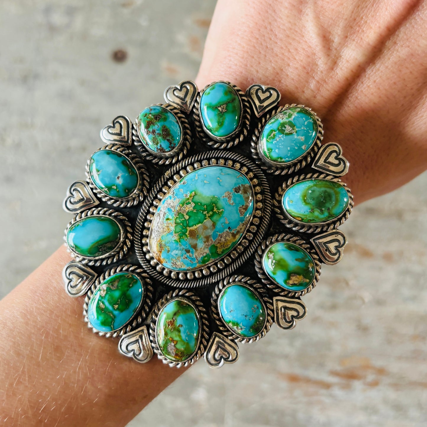 Navajo Hemerson Brown Sterling Silver & Sonoran Turquoise Hearts Cluster Cuff