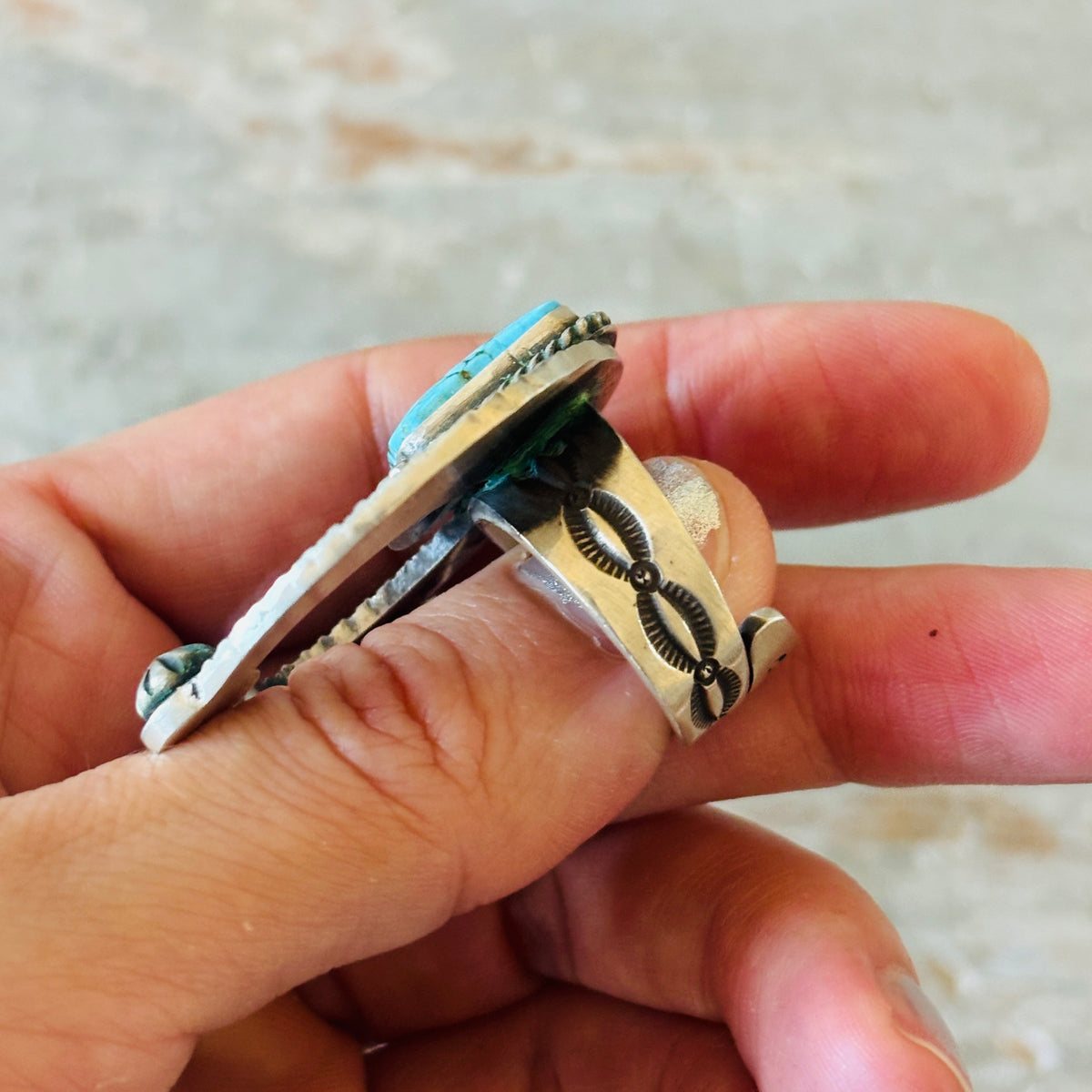 Navajo Hemerson Smith Sterling Silver & Web Kingman Turquoise Naja Ring