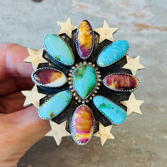 Navajo Chris Etsitty Sterling Silver - Purple Spiny & Sonoran Turquoise Stars Ring