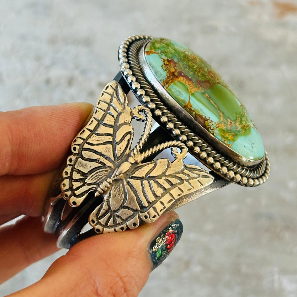 Navajo Hemerson Brown Sterling Silver & Royston Tufa Cast Butterflies Statement Cuff