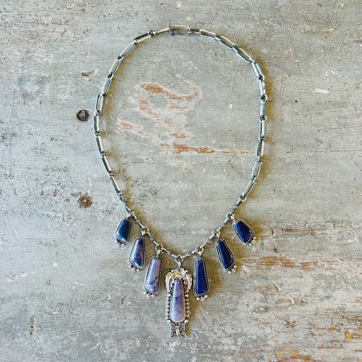 Navajo Brenda Jimenez Sterling Silver & Sugilite Charms Necklace