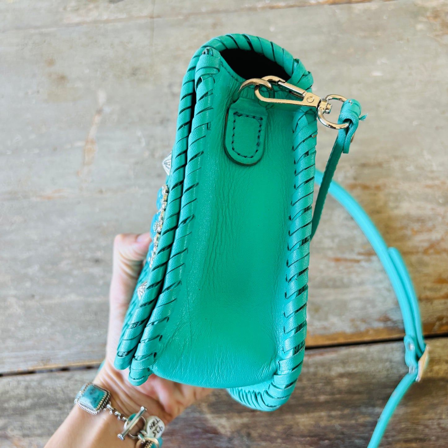 Navajo Hemerson Brown Sterling Silver & Kingman Turquoise Embellished Leather Blue Crossbody Bag