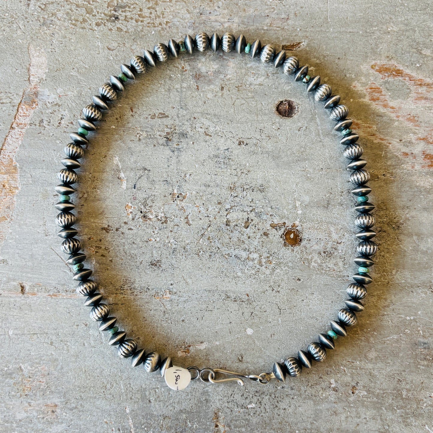 Navajo Preston Haley Sterling Silver & Kingman Turquoise 6mm Saucer - 9mm Fluted Handmade Pearls Necklace