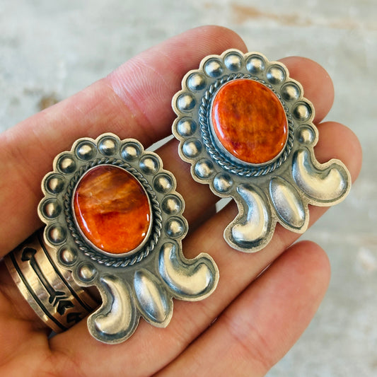 Navajo Robert Johnson Sterling Silver & Orange Spiny Repousse Earrings