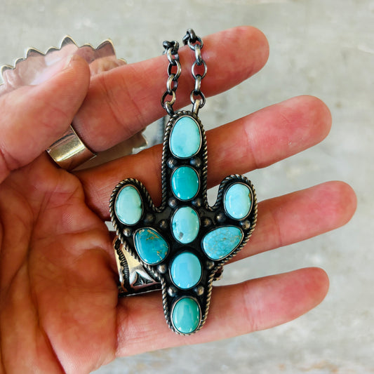 Navajo Antionette Martinez Sterling Silver & Mixed Turquoise Cluster Cactus Pendant Necklace