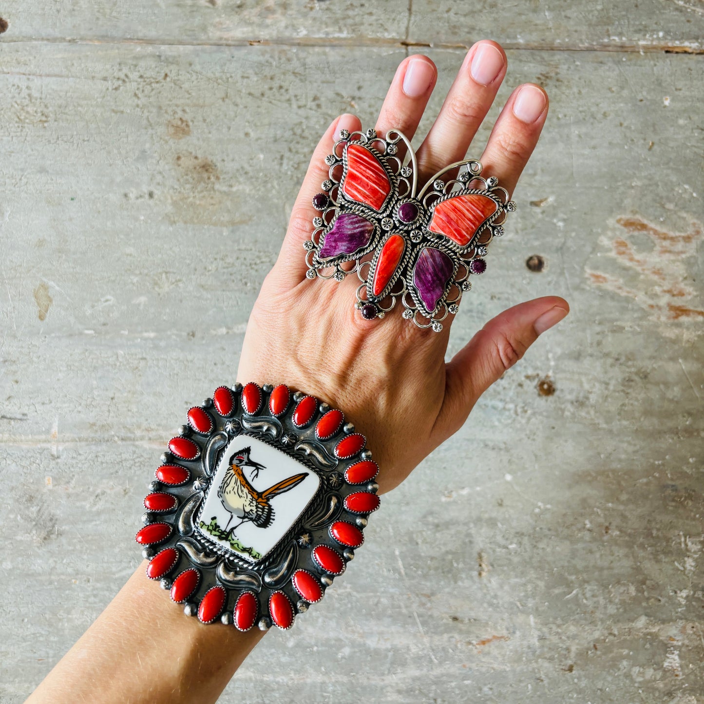 Navajo Hemerson Brown Sterling Silver & Red - Purple Spiny Butterfly Statement Ring