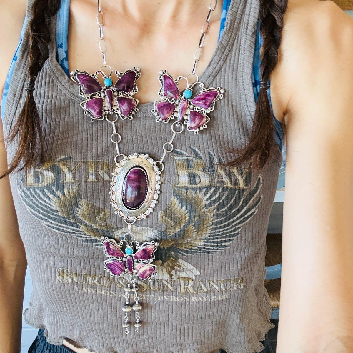 Navajo Lyanne Goodluck Sterling Silver - Purple Spiny & Sleeping Beauty Turquoise Butterfly Statement Necklace
