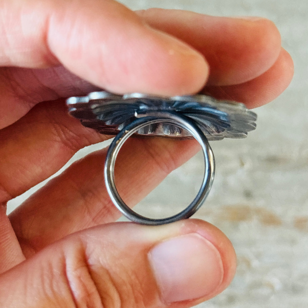 Navajo Arnold Goodluck Sterling Silver & Turquoise Concho Ring