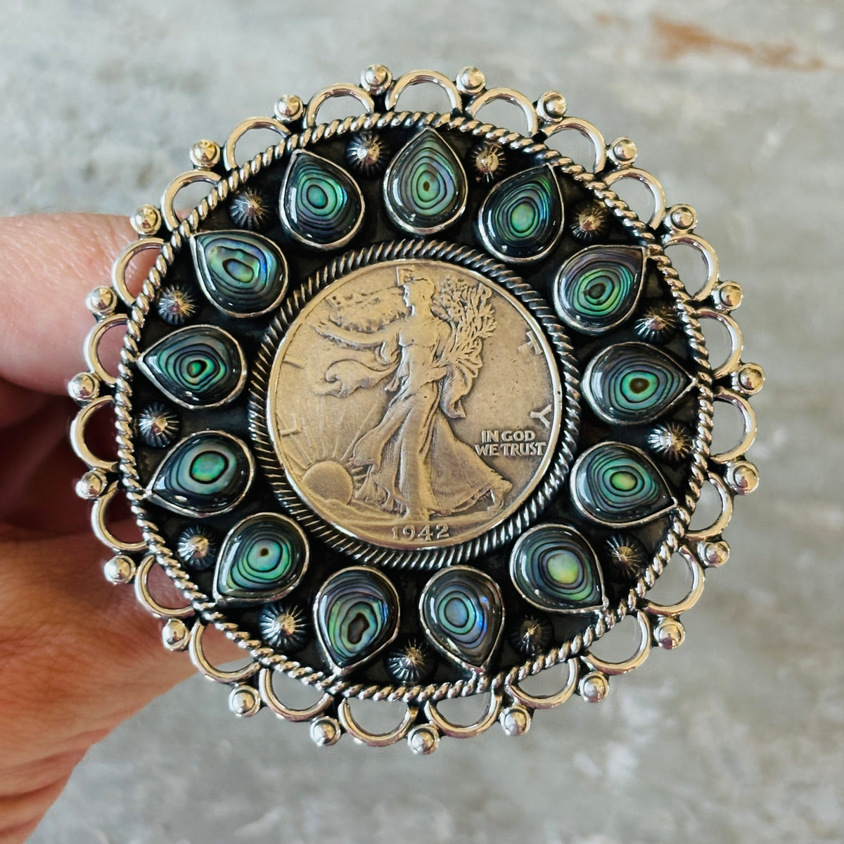Navajo Hemerson Brown Sterling Silver & Abalone Shell 1942 Walking Liberty Half Dollar Statement Ring