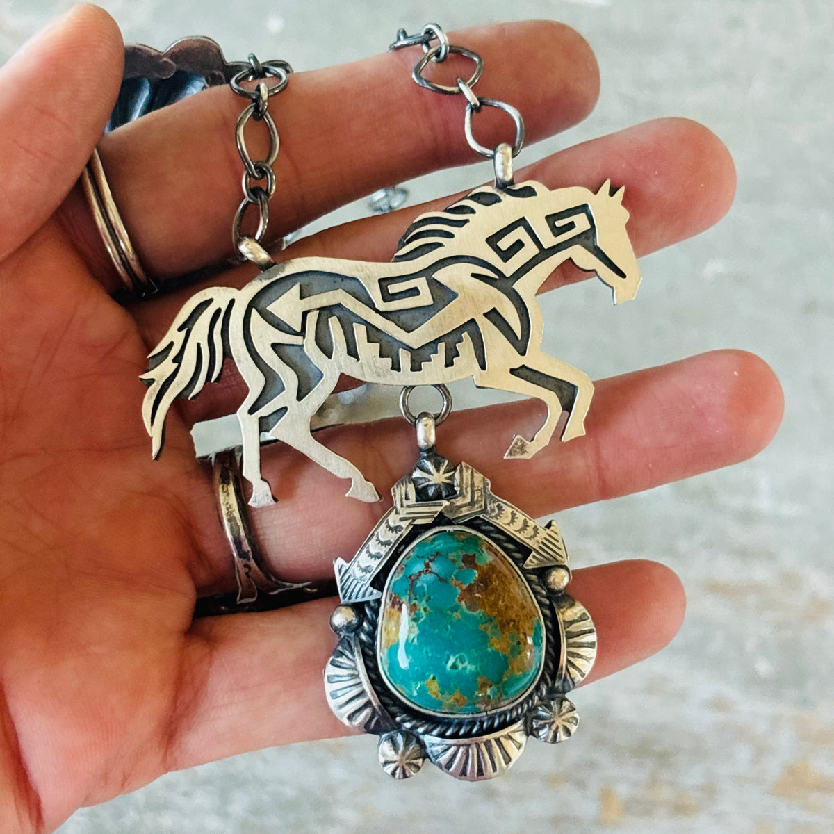 Navajo Juanita McDona Sterling Silver & Royston Turquoise Horse Overlay Necklace