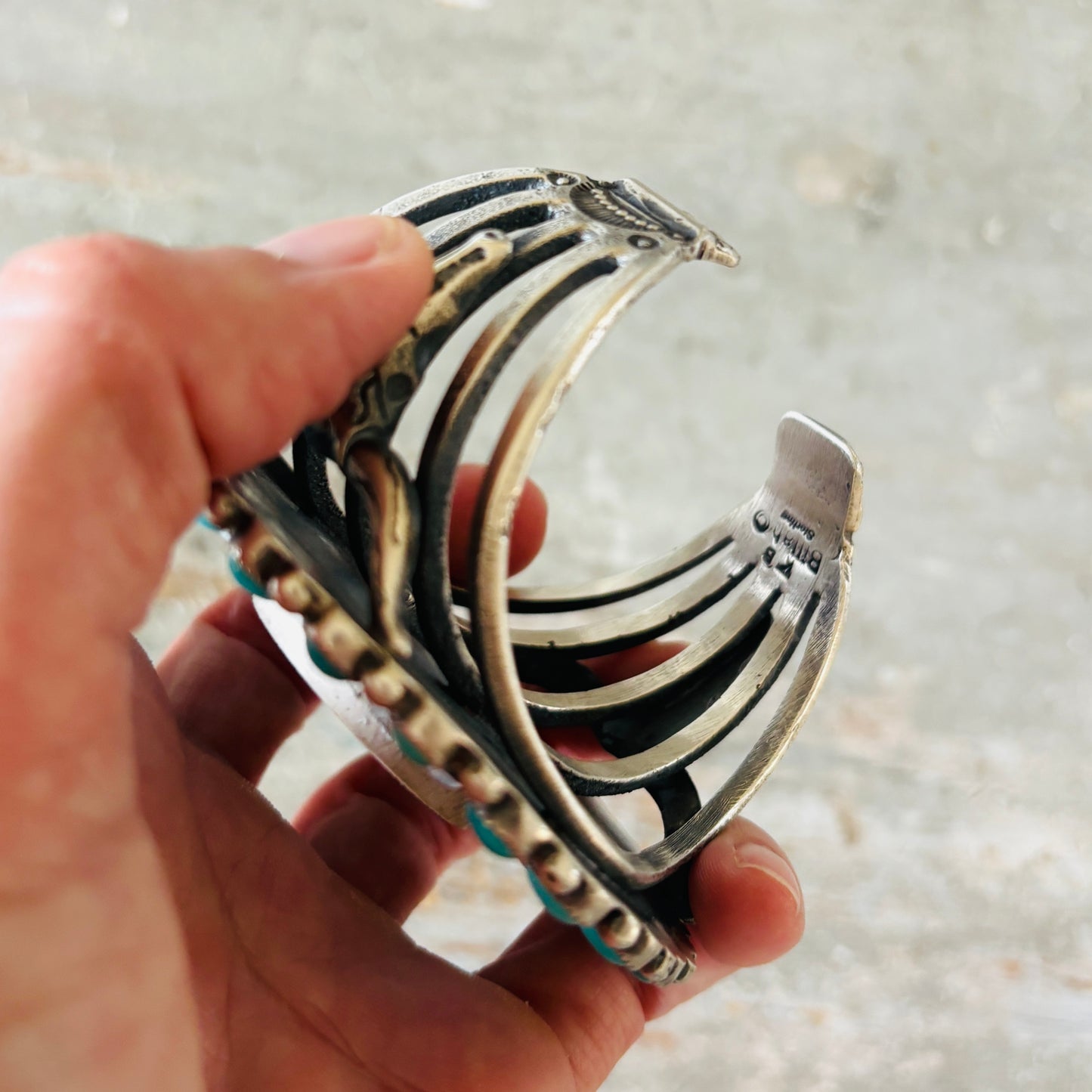 Navajo Kindale Billah Sterling Silver - Ceramic - Moonstone & Kingman Turquoise Cluster Cuff
