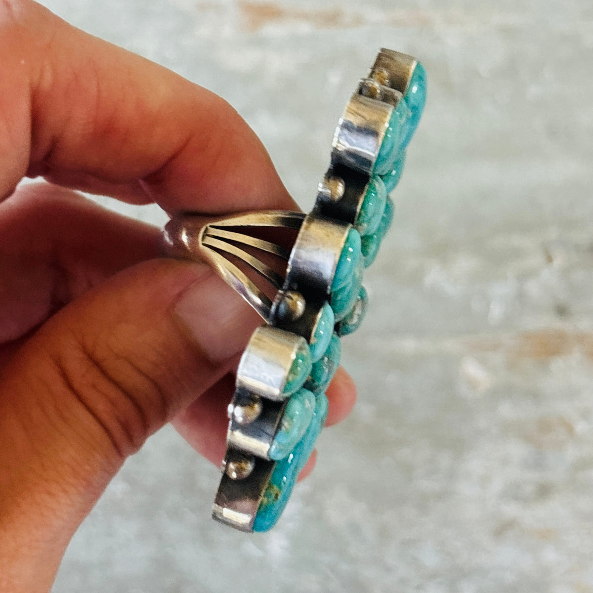 Navajo Paul Livingston Sterling Silver & Campitos Turquoise Cluster Statement Ring