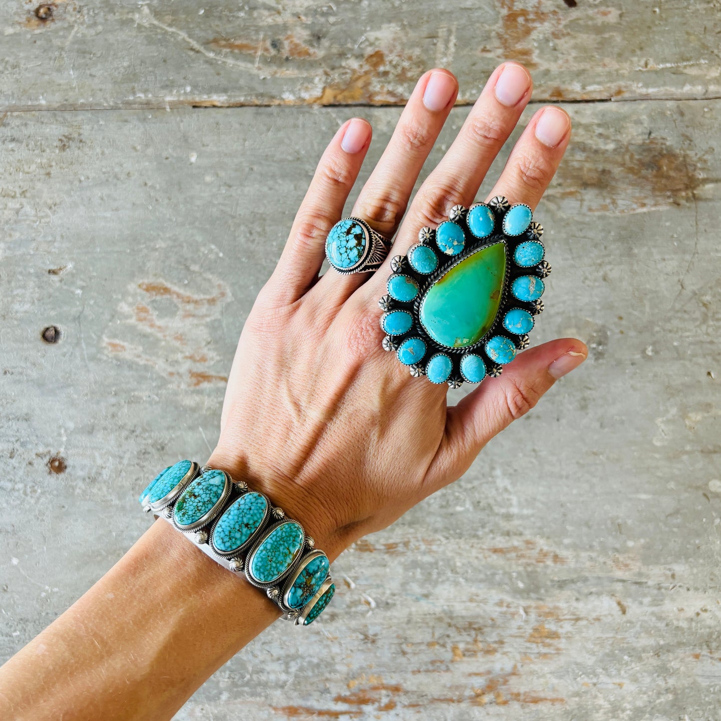 Navajo Freddie Maloney Sterling Silver & Spiderweb Kingman Turquoise 7 Stone Statement Cuff