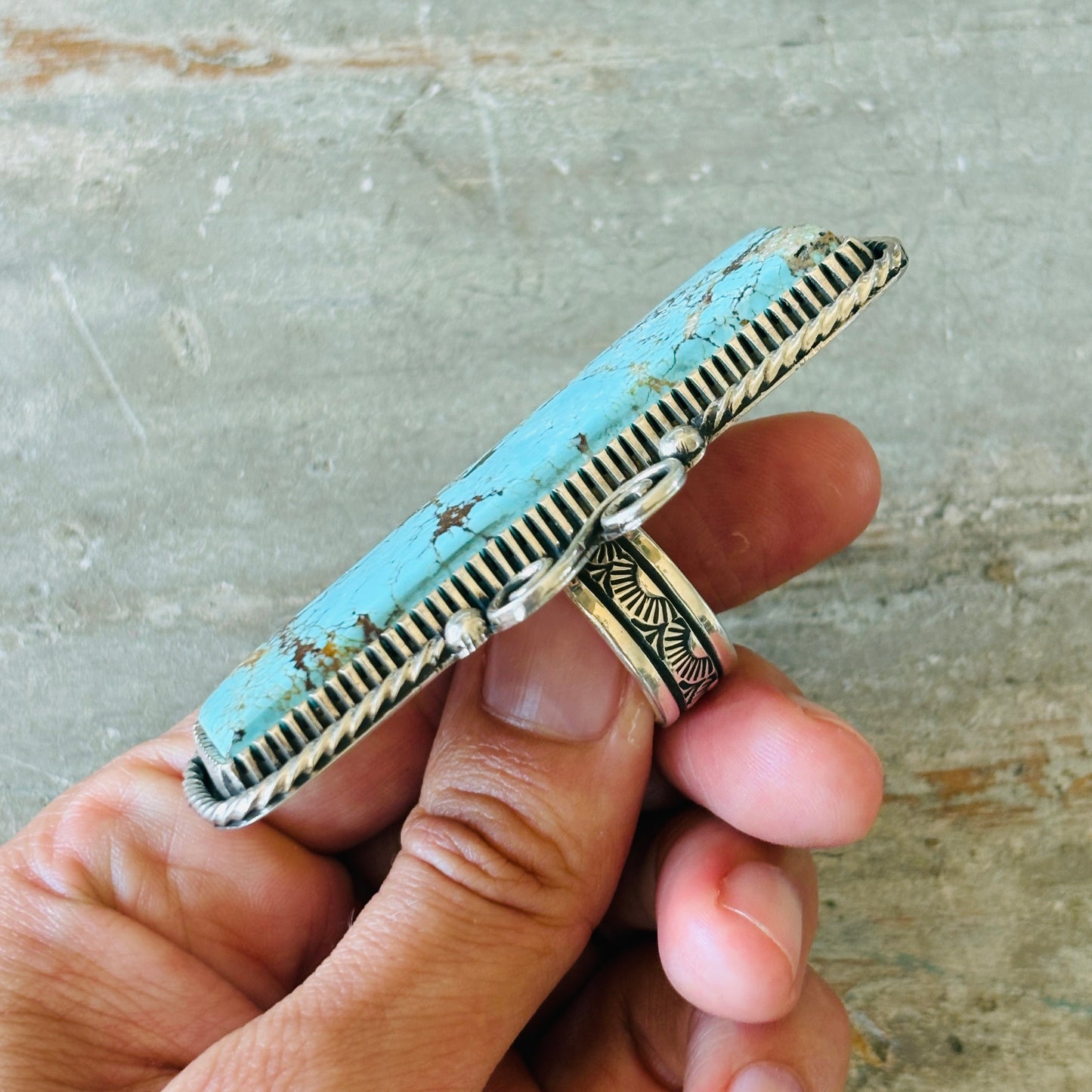 Navajo Landon Secatero Sterling Silver & Kingman Turquoise Rectangle Ring