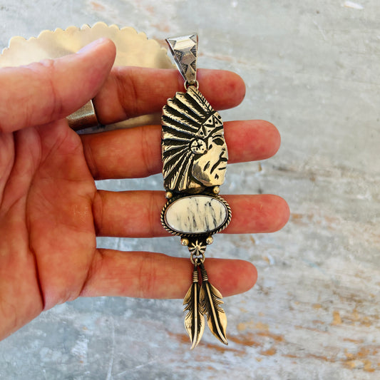 Navajo Edmund Piasso Sterling Silver & White Buffalo Chief Feathers Pendant