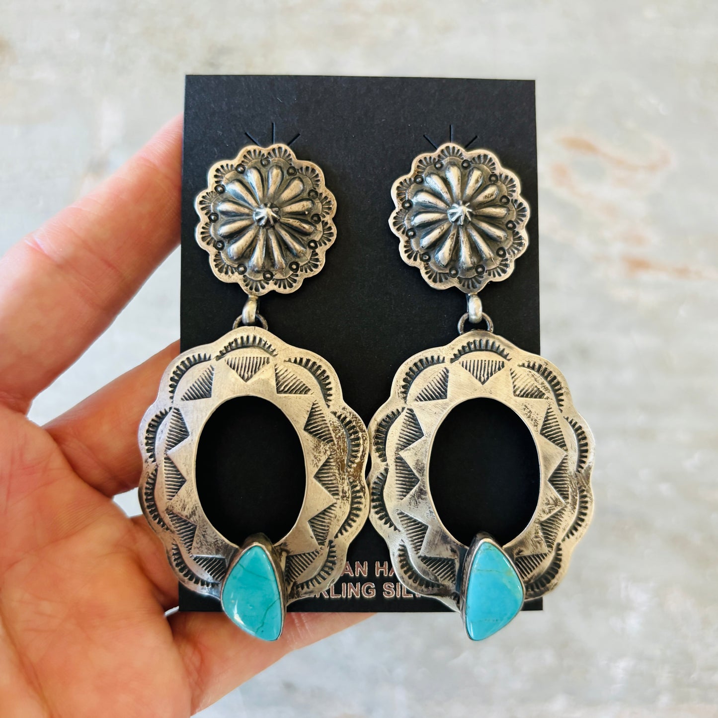 Navajo Mark B Begay Sterling Silver & Kingman Turquoise Concho Earrings