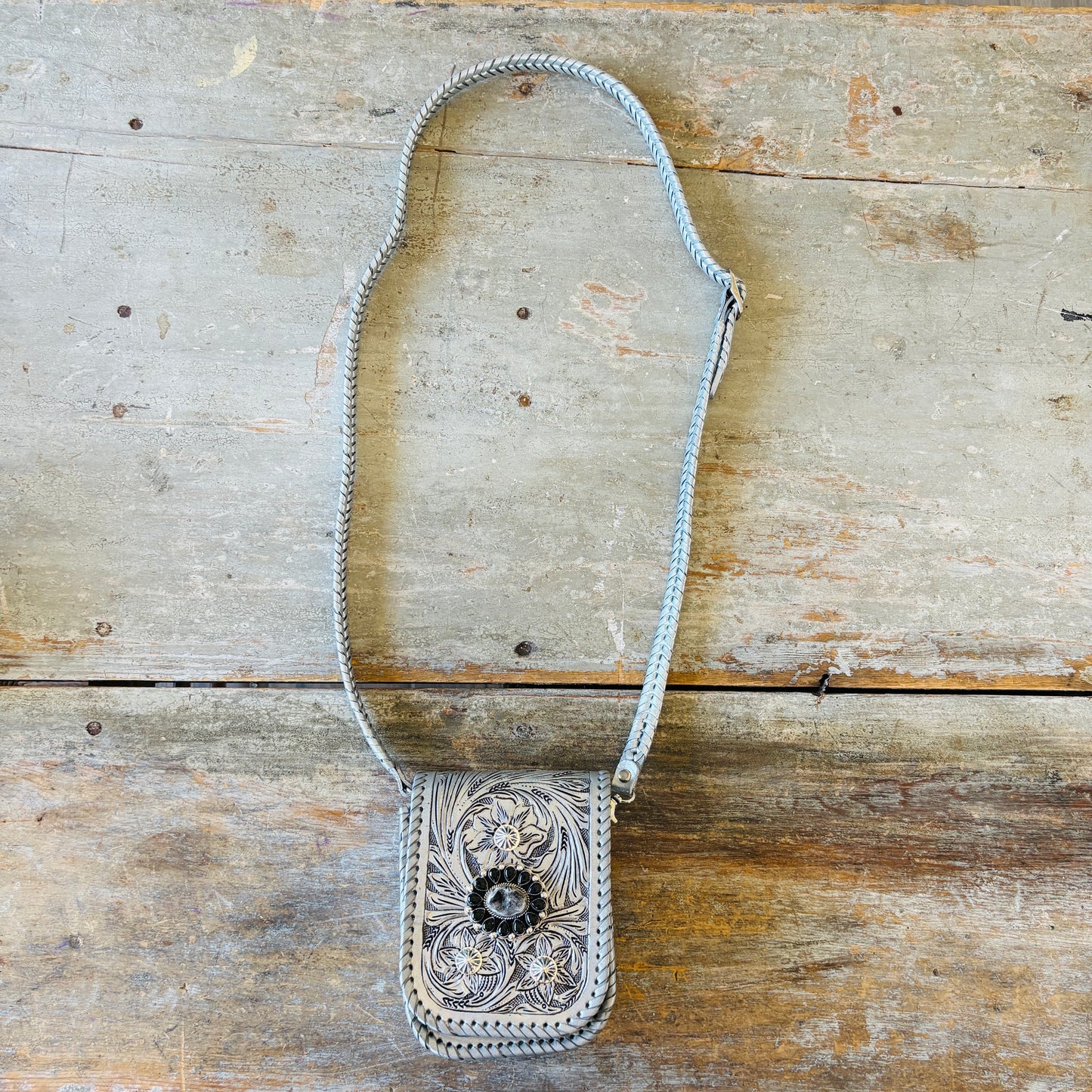 Navajo Hemerson Brown Sterling Silver - Black Onyx & Druzy Embellished Silver Leather Crossbody Bag