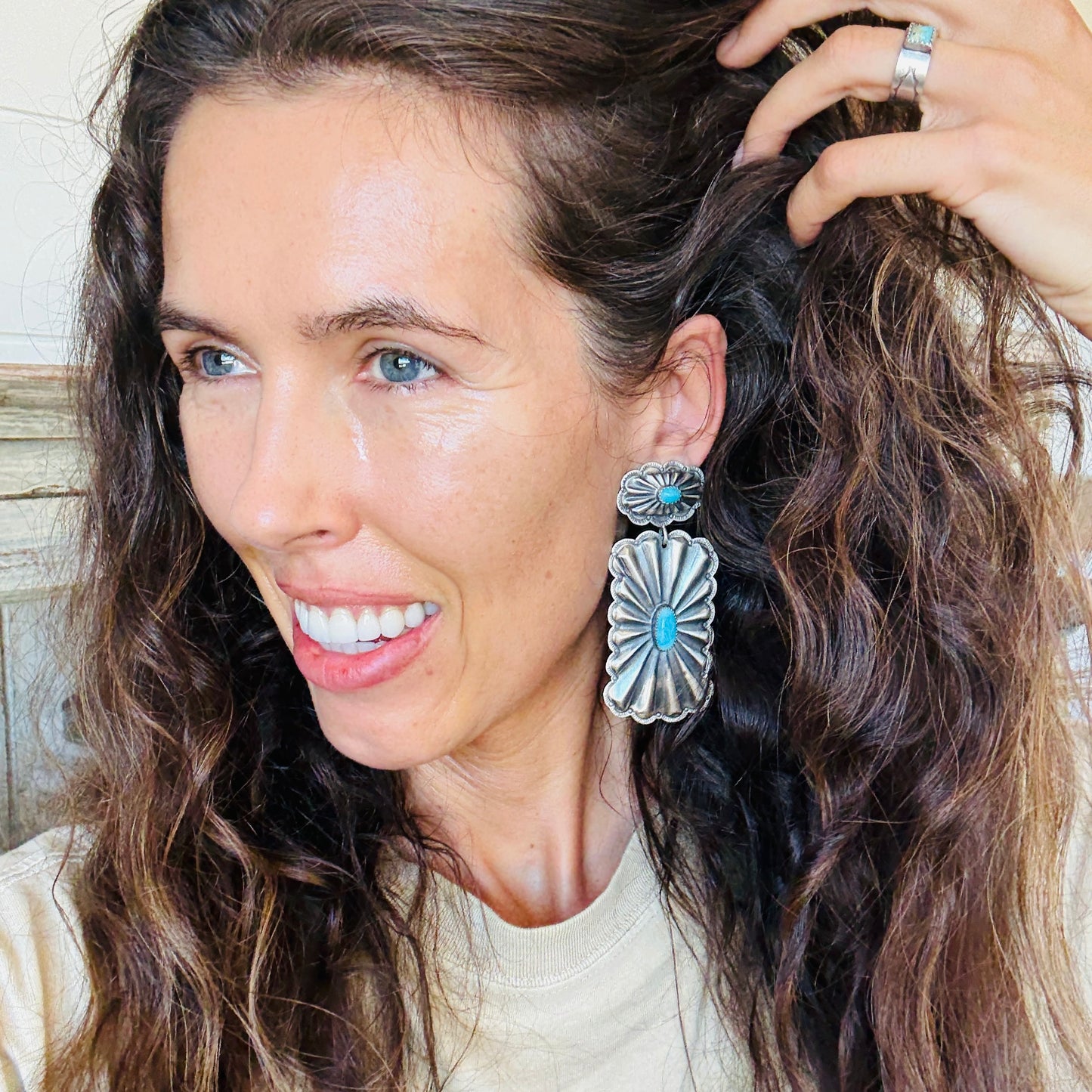 Navajo Glenn Livingston Sterling Silver & Waterweb Kingman Concho Earrings