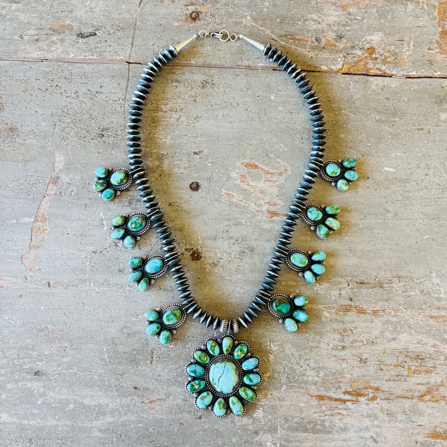 Navajo Hemerson Brown Sterling Silver & Sonoran Turquoise Handmade Saucer Pearls Statement Necklace